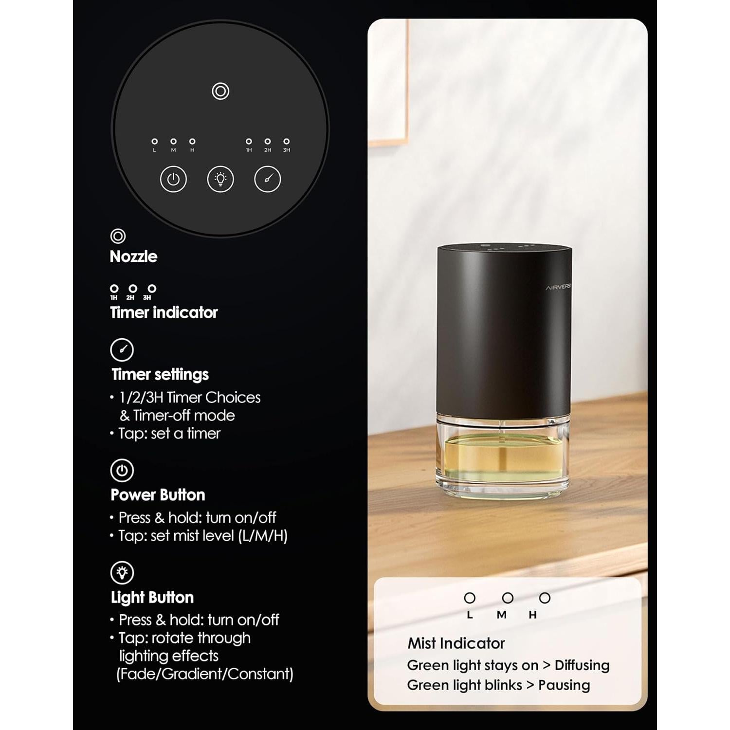 Difusor de Aceite Esencial Airversa AN9 100ml Portátil Negro