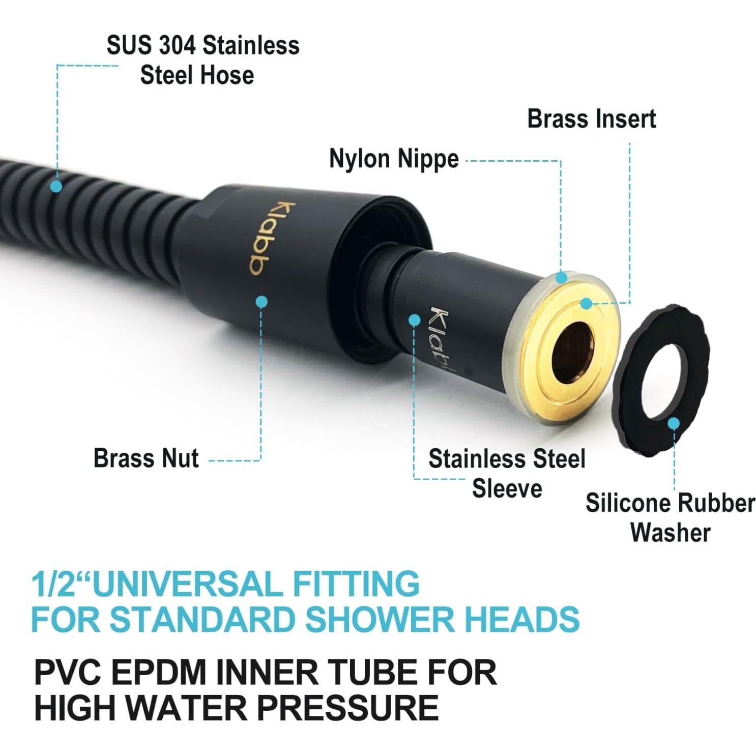 Manguera de Ducha Klabb 150 cm Acero Inoxidable Flexible Negra