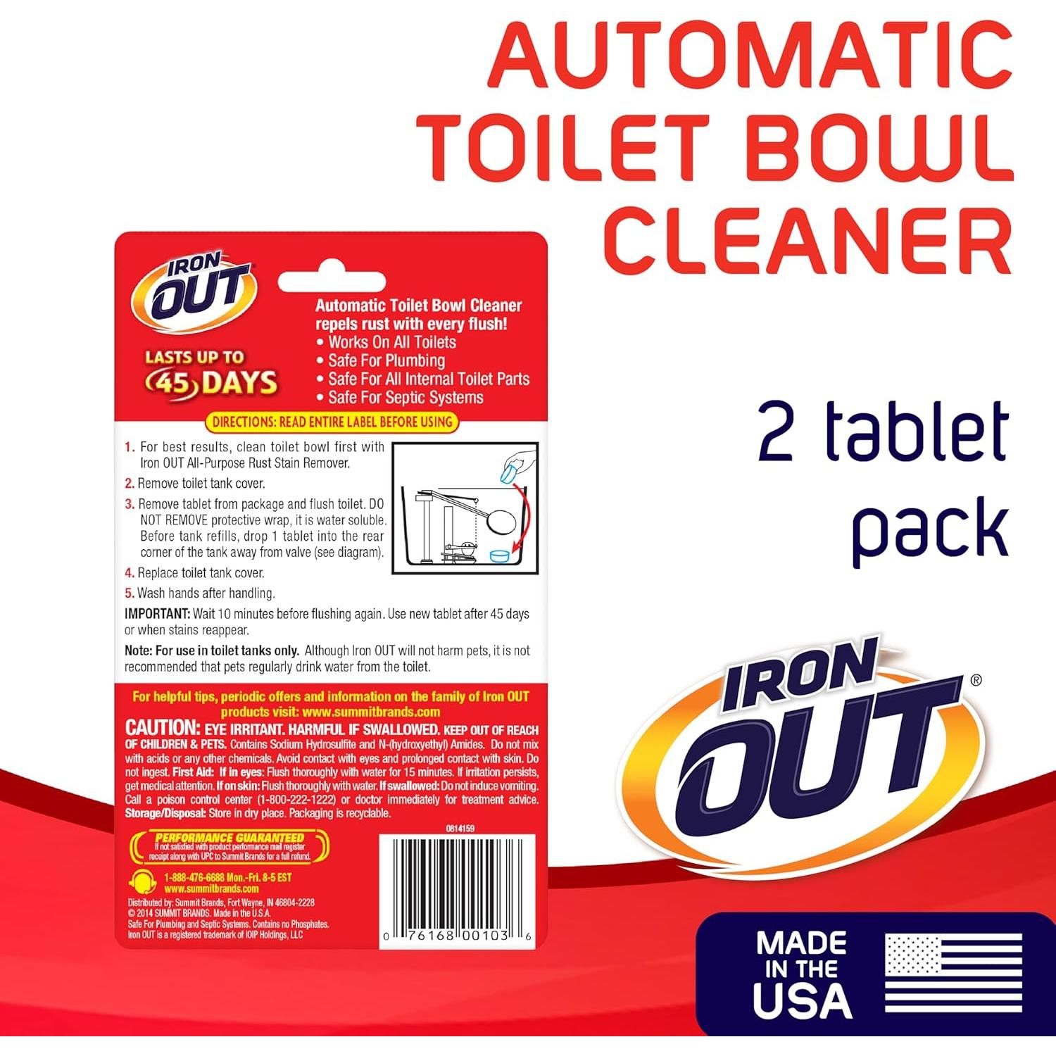 Iron OUT Automatic Toilet Bowl Cleaner Tablets, Helps Remove and Prevent Rust Stains with Every Flush, Lasts up to 45 Days, Made in the USA, 2 Tablets