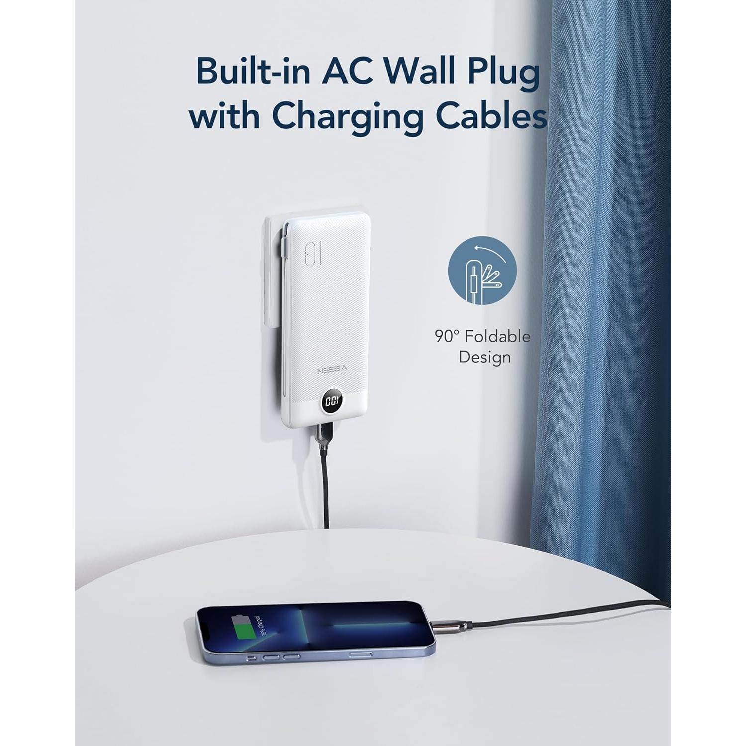 VEGER Portable Charger for iPhone Built in Cables and Wall Plug, 10000mah Slim Fast Charging USB C Power Bank, Travel Essential Battery Pack Compatible with iPhones, iPad, Samsung More Devices(White)