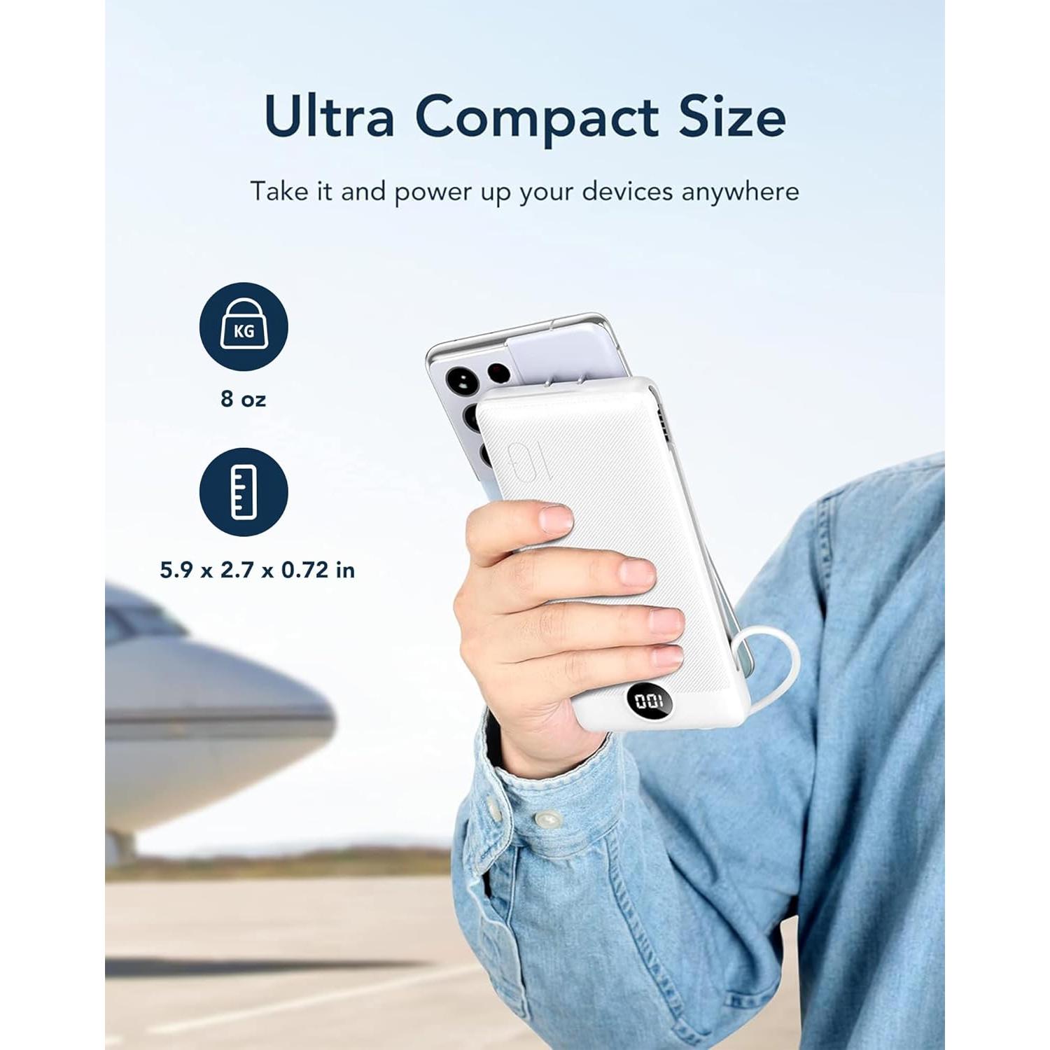 VEGER Portable Charger for iPhone Built in Cables and Wall Plug, 10000mah Slim Fast Charging USB C Power Bank, Travel Essential Battery Pack Compatible with iPhones, iPad, Samsung More Devices(White)