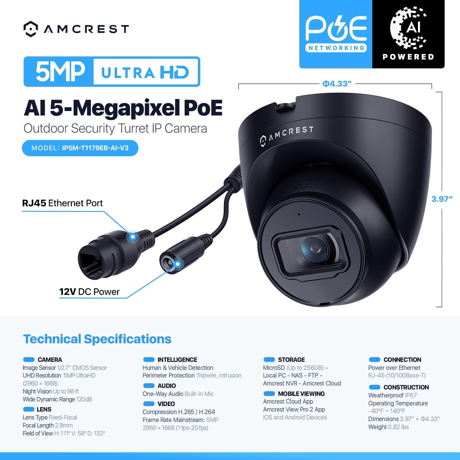 Cámara Turret POE Amcrest 5MP IP67 con Visión Nocturna 30m