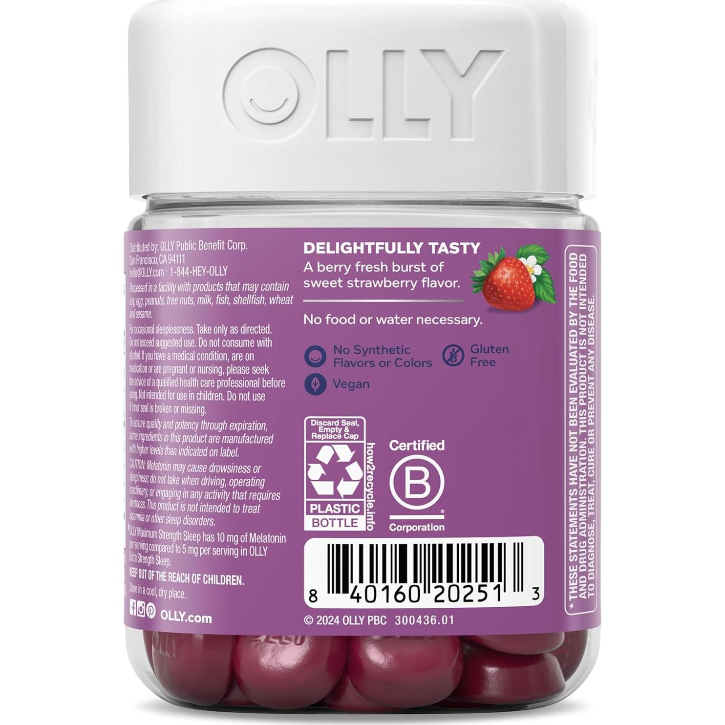 Gomitas para Dormir OLLY - 10mg Melatonina, Sin Azúcar, 50 Conteo