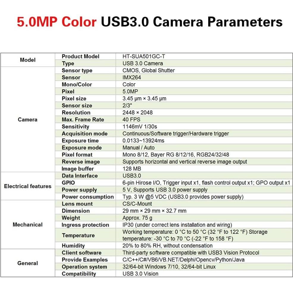 Cámara Industrial HUATENG 5MP USB3.0 Color 40FPS