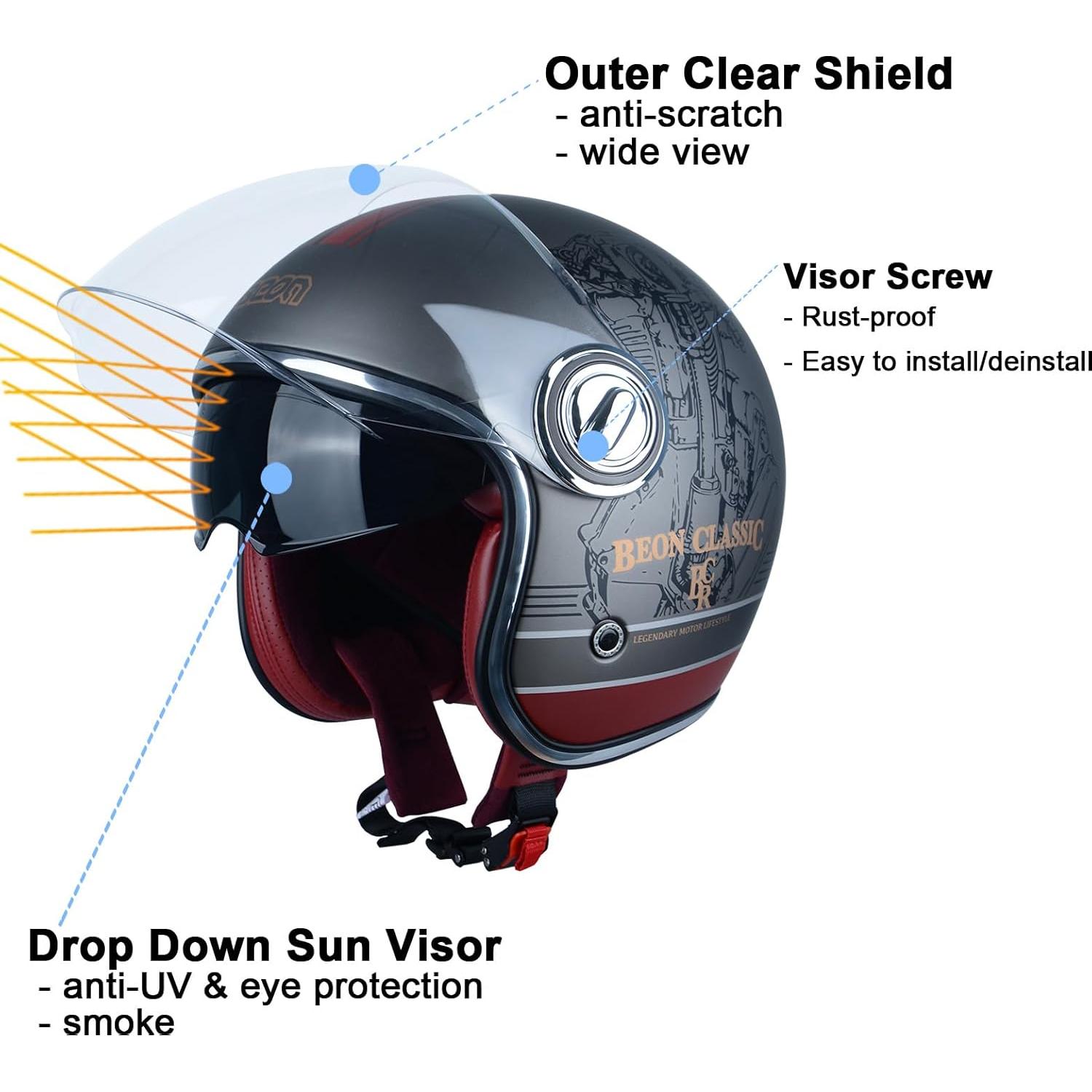 Casco de Moto BEON B-108 Vintage 3/4 con Visores Duales