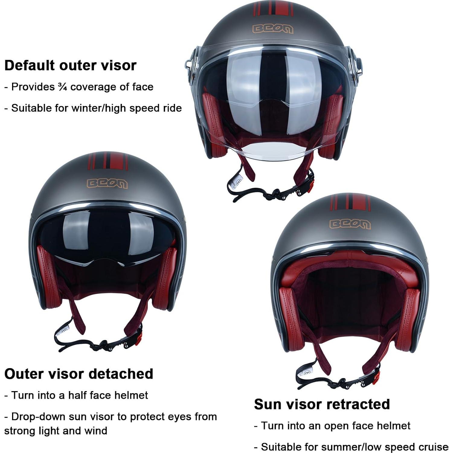 Casco de Moto BEON B-108 Vintage 3/4 con Visores Duales