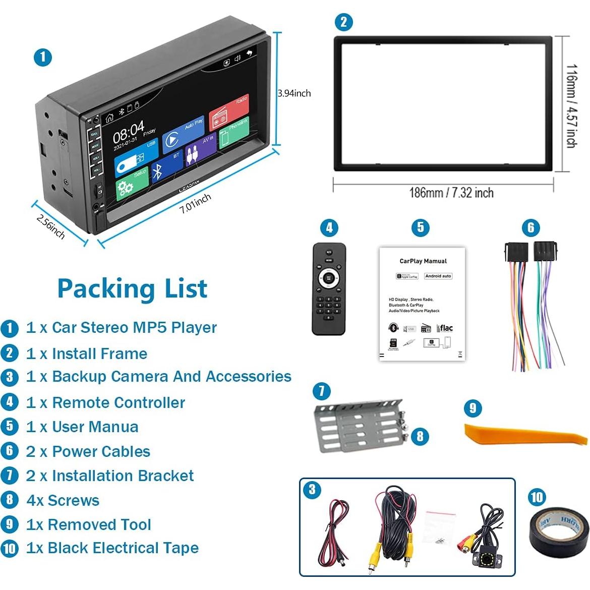 Estéreo de coche Leadfan N7C Double Din 7" con CarPlay y Android Auto