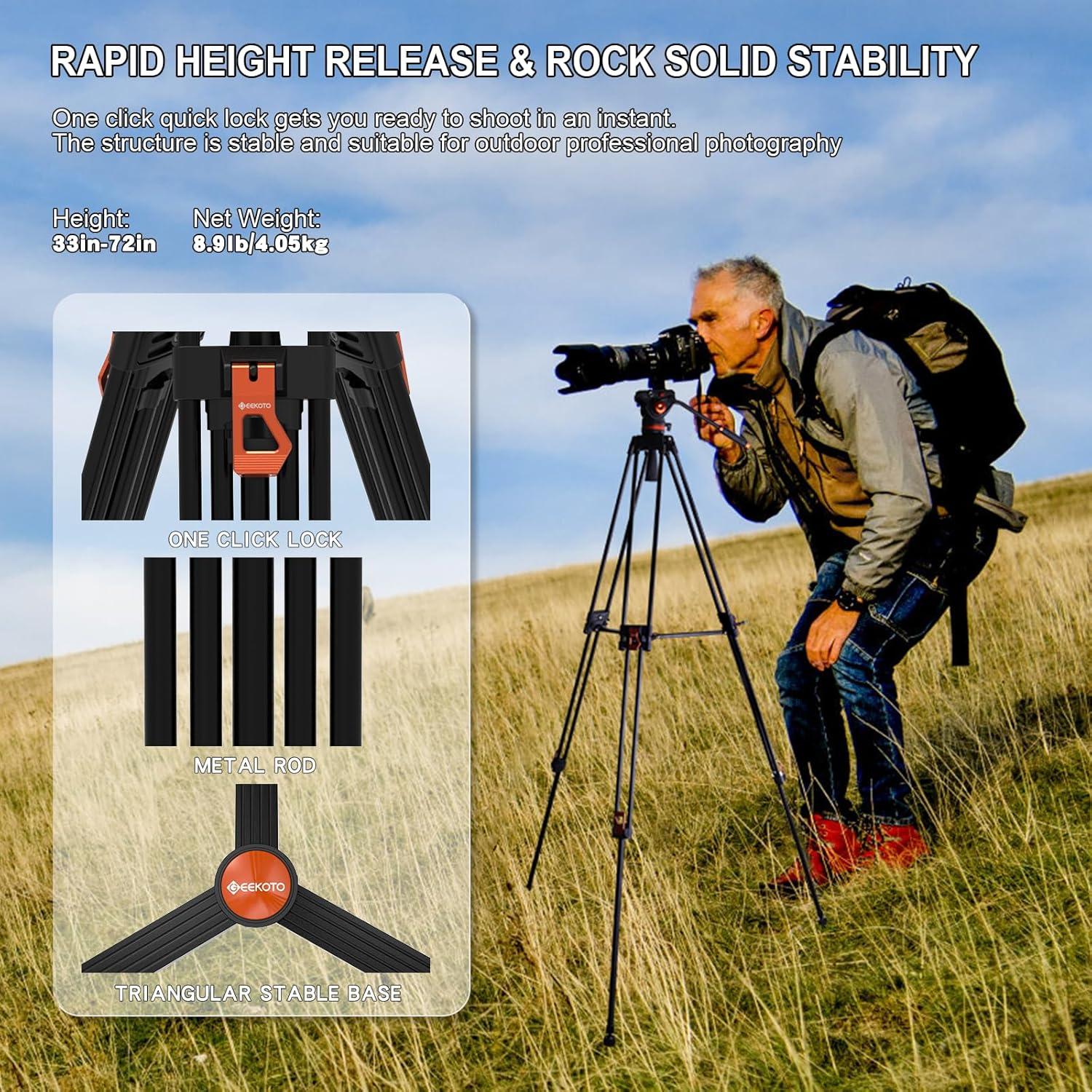 Trípode GEEKOTO de Aluminio 182.88 cm con Cabezal Fluido K3