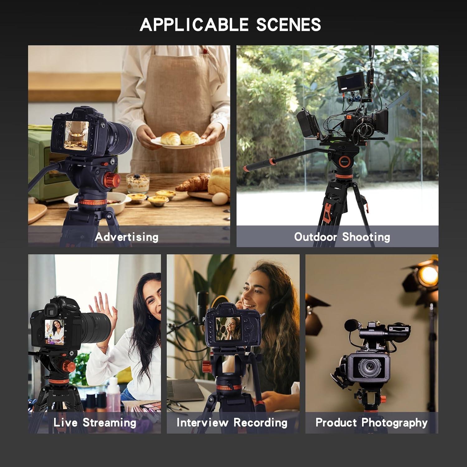 Trípode GEEKOTO de Aluminio 182.88 cm con Cabezal Fluido K3