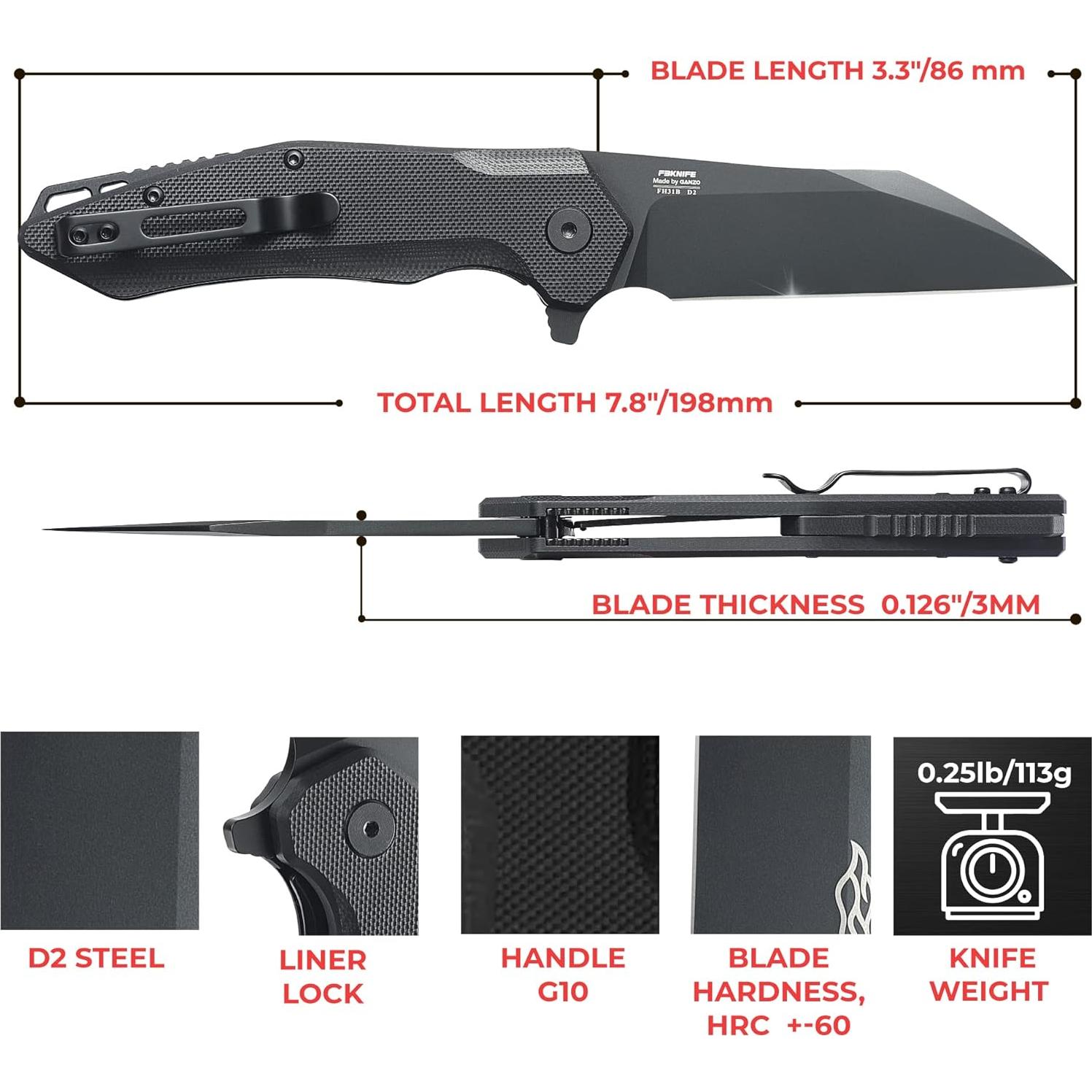 Cuchillo Plegable Firebird FH31B-BK Acero D2 Mango G10 19.56cm