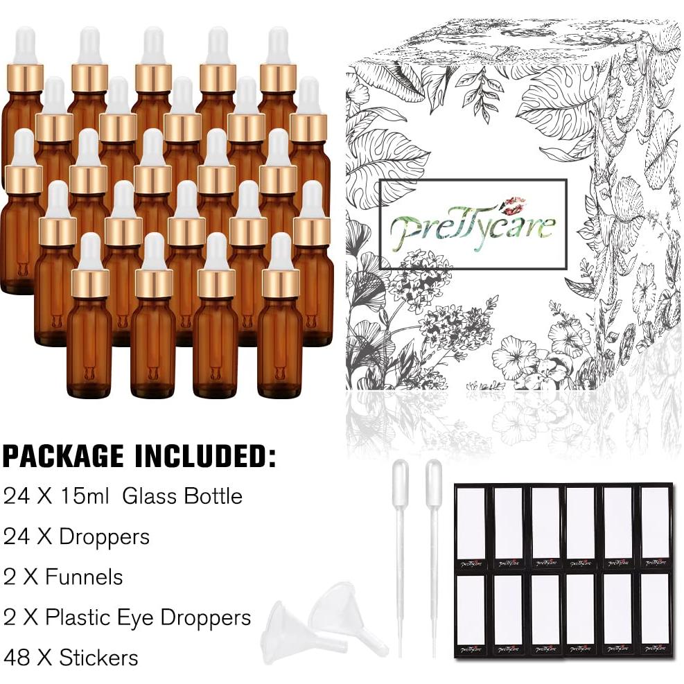 Botellas Cuentagotas de Vidrio Ámbar 15 ml PrettyCare - 24 Pcs