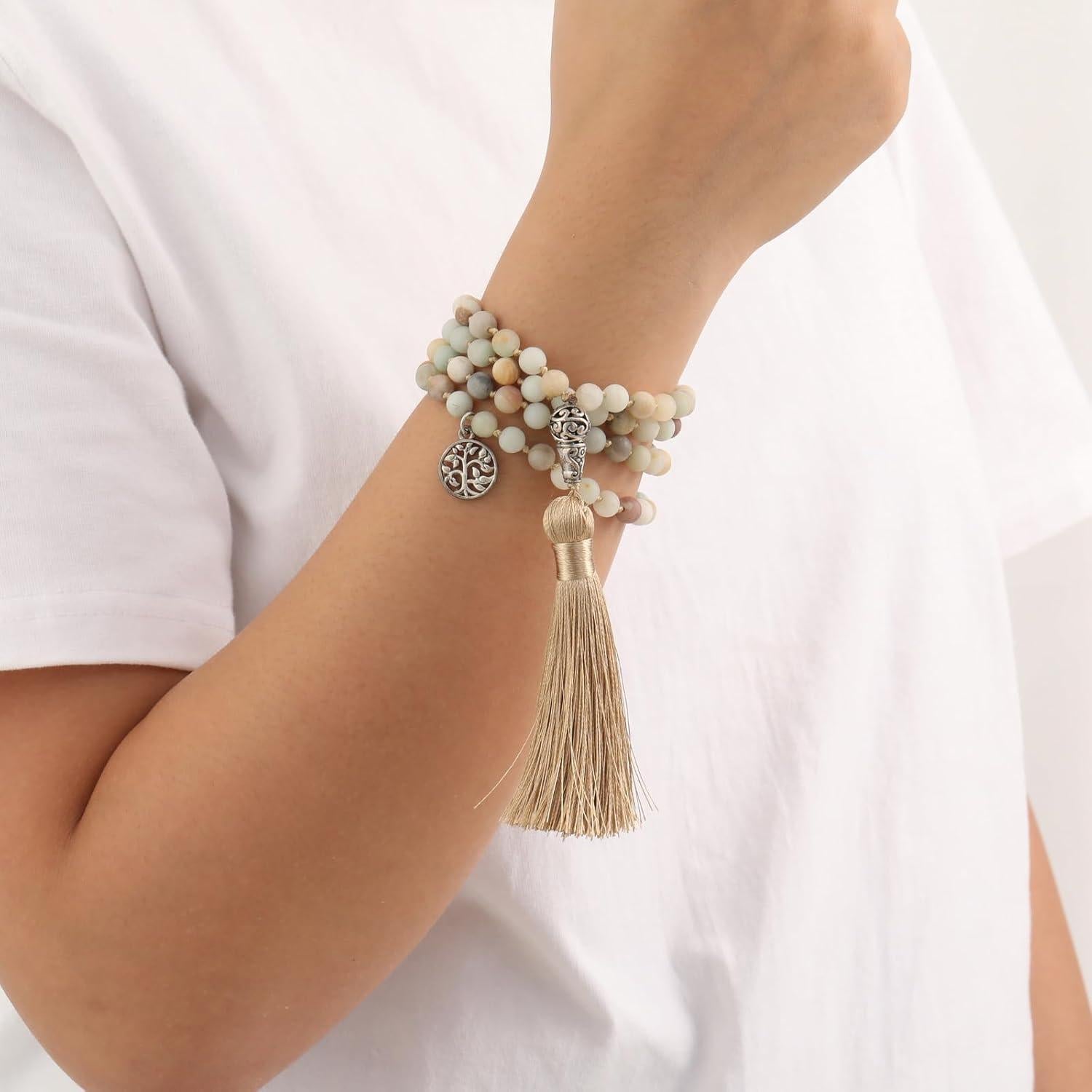 Collar de cuentas Mala INBLUE 108 Amazonita con borla