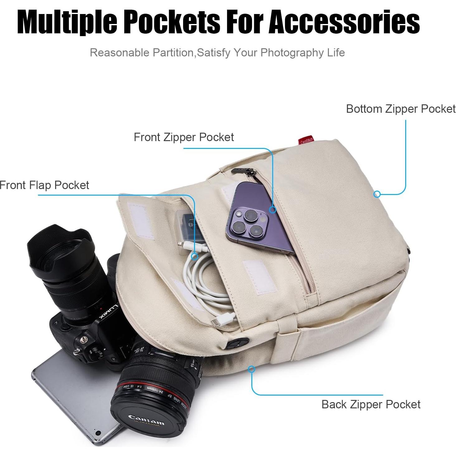 Bolsa de cámara Cwatcun Crossbody Beige para DSLR y sin espejo