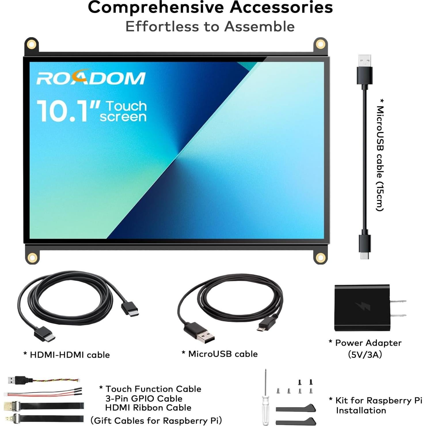 Monitor Táctil 10.1" ROADOM FHD 1024x600 HDMI Raspberry Pi