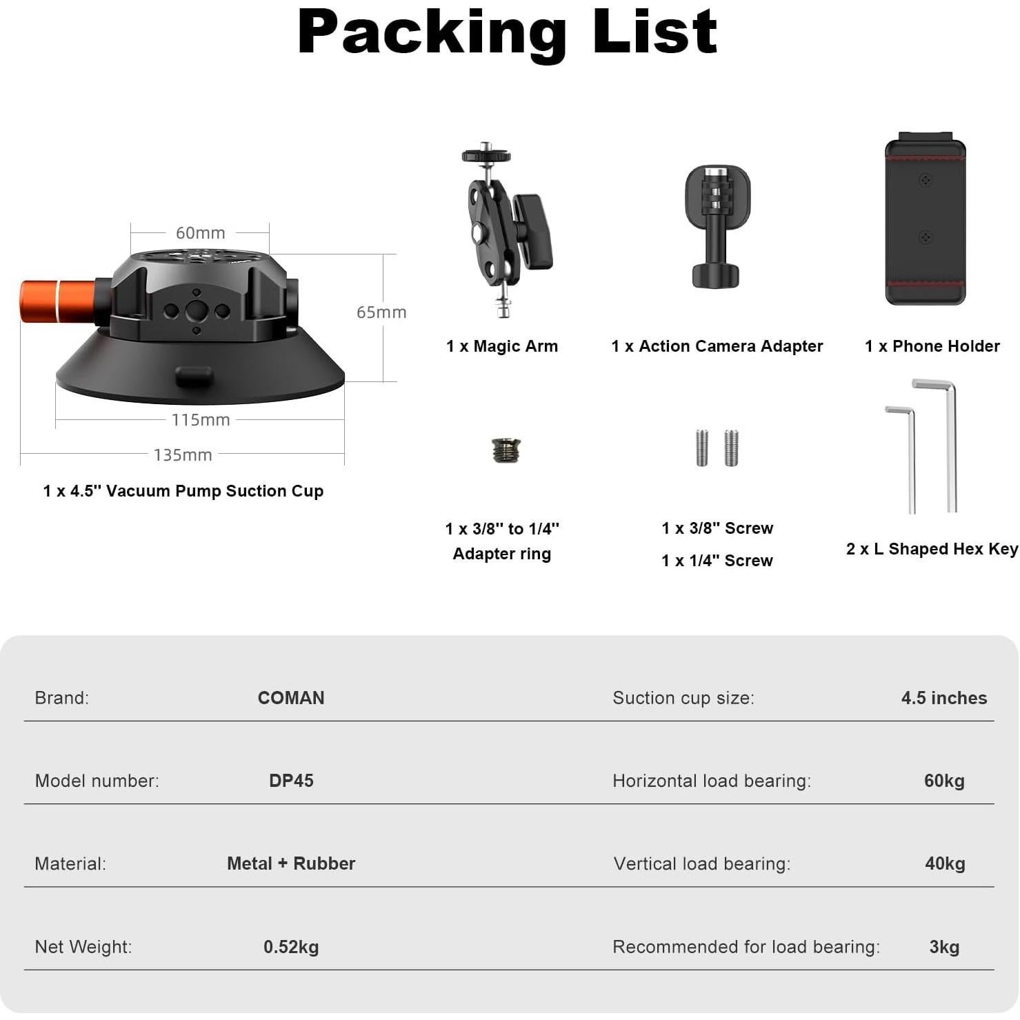 Soporte de cámara con ventosa COMAN DP3045 4.5" para coche