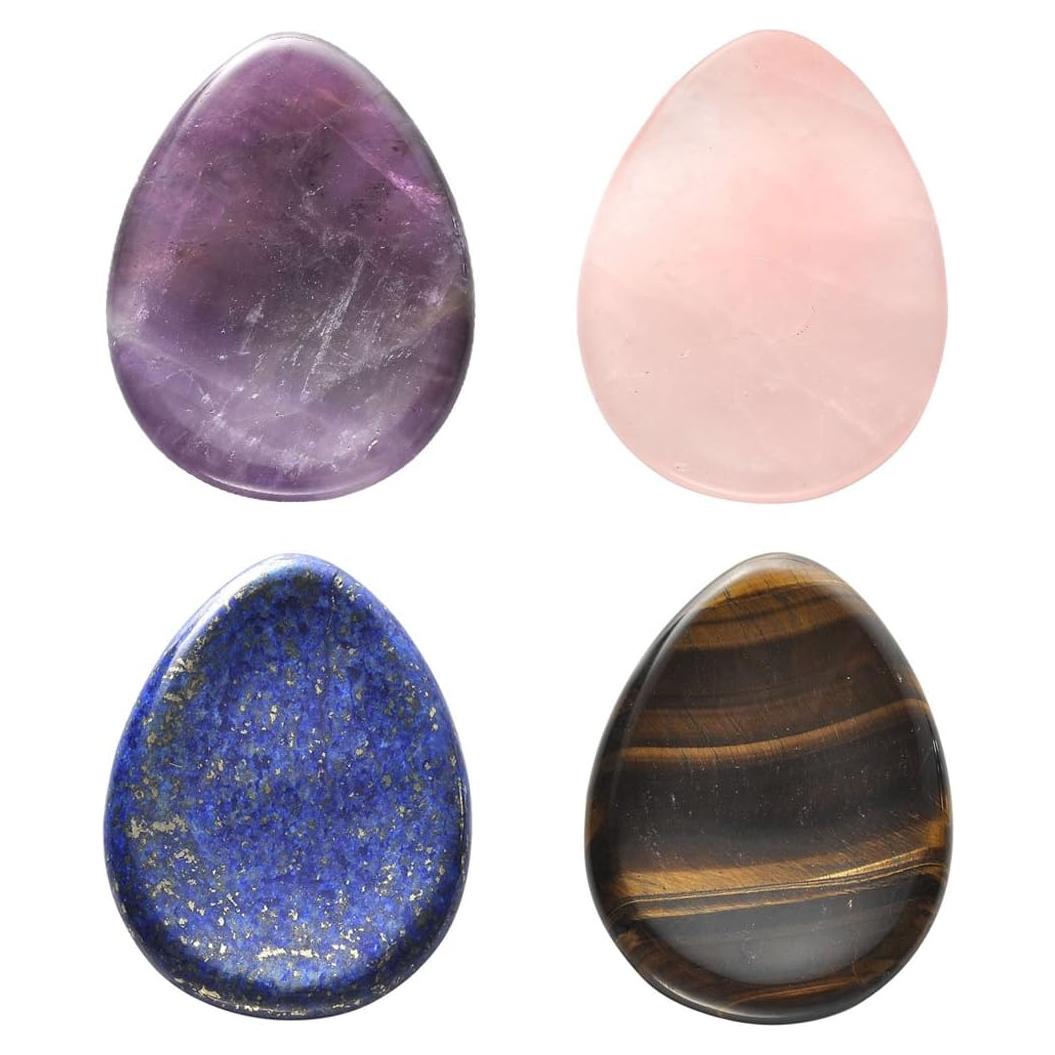 CrystalTears 4 PCS Thumb Worry Stone-Amethyst Rose Quartz Lapis Lazuli Tiger's Eye Healing Crystal Pocket Palm Stone