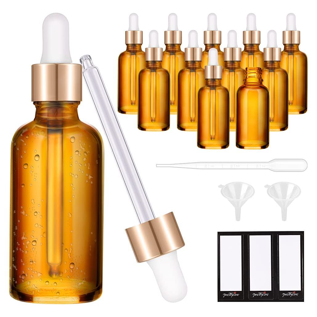 Botellas de Cuentagotas PrettyCare 12 Pcs 60ml Ámbar con Accesorios