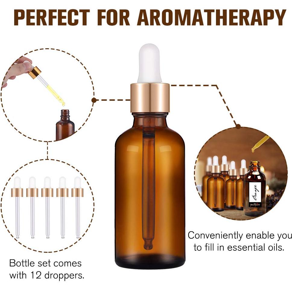 Botellas de Cuentagotas PrettyCare 12 Pcs 60ml Ámbar con Accesorios