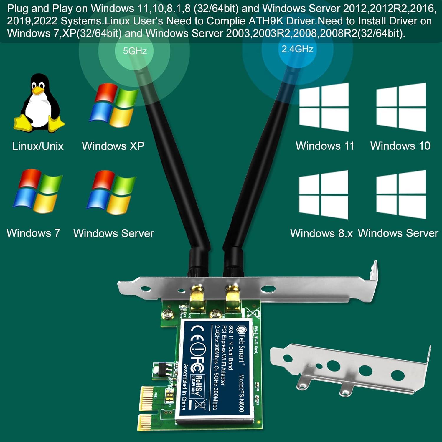 Adaptador WiFi PCIe FebSmart FS-N600 600Mbps Doble Banda