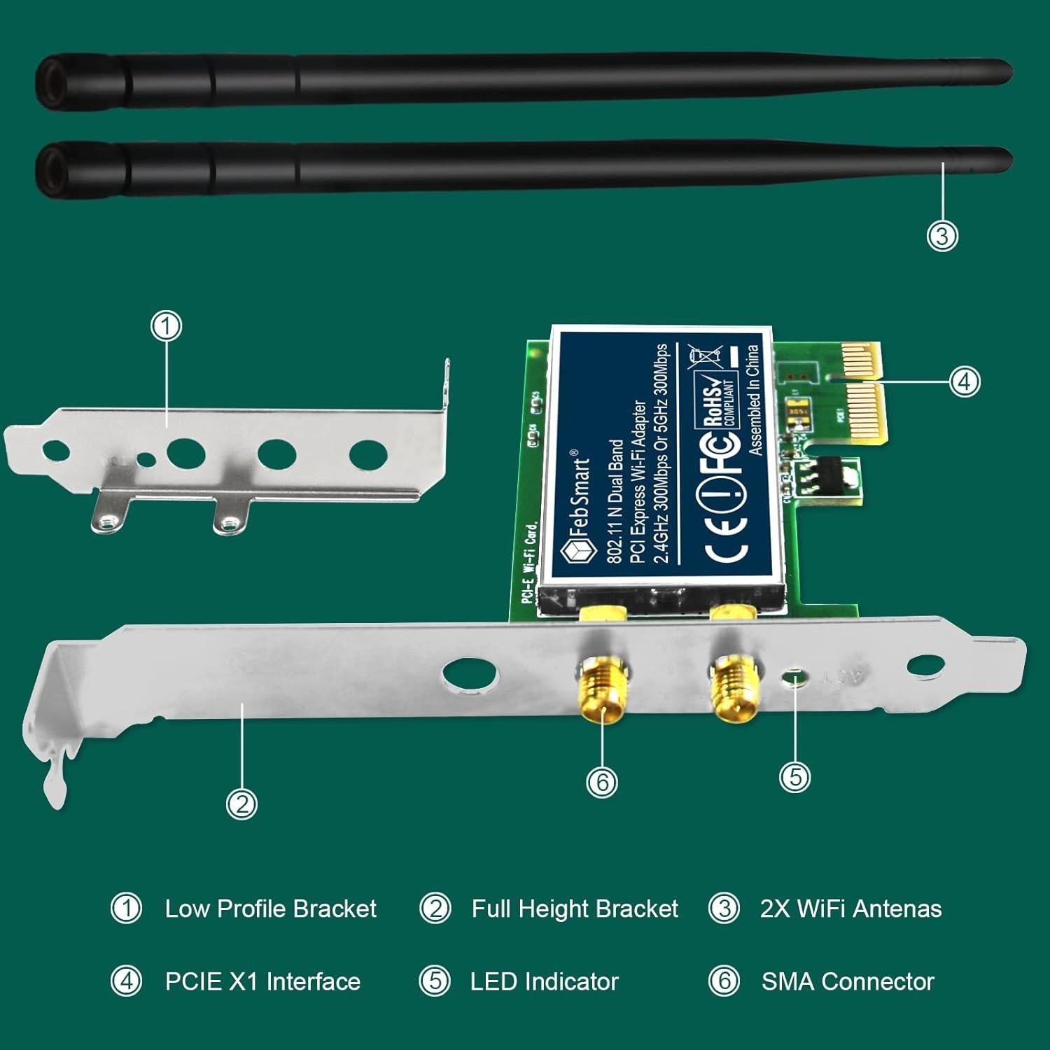 Adaptador WiFi PCIe FebSmart FS-N600 600Mbps Doble Banda