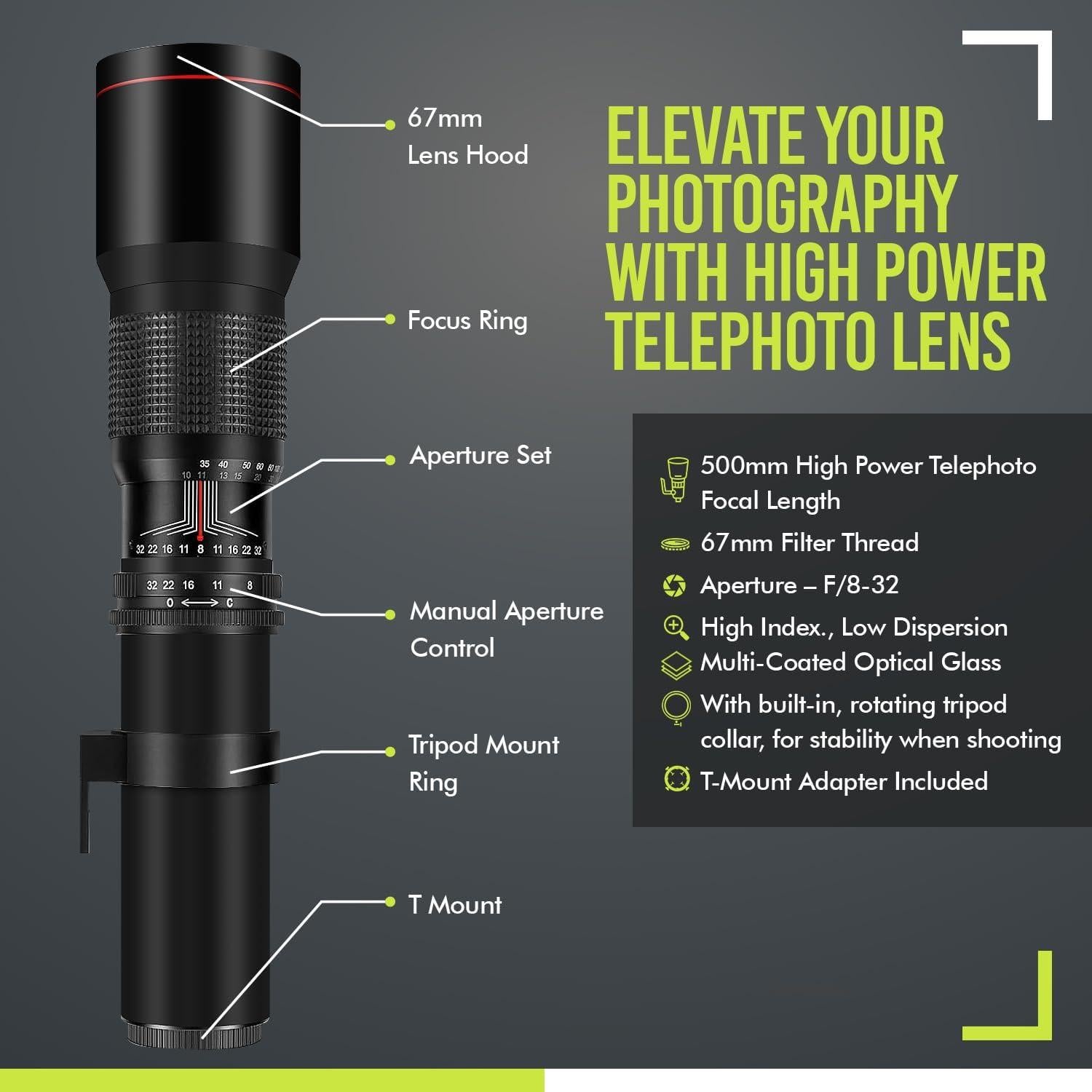 Lente Teleobjetivo Manual 500mm f/8 para Nikon D500 D600 D7500