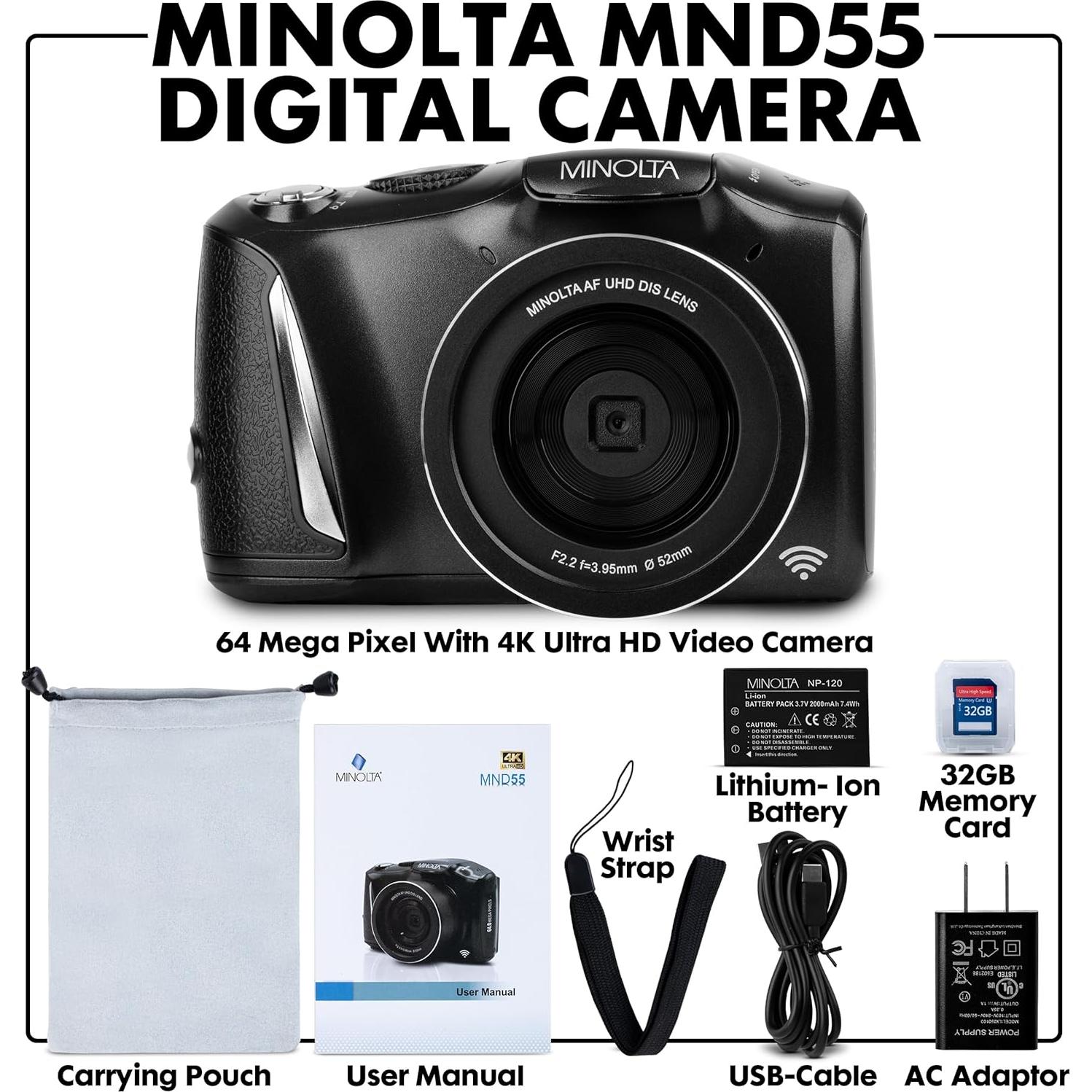 Cámara Digital Minolta MND55 64MP 4K 60FPS WiFi Zoom 16x