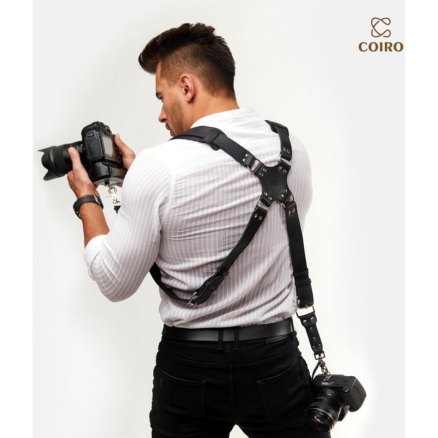 Arnés de cámara doble C Coiro para 2 cámaras DSLR/SLR - Cuero negro