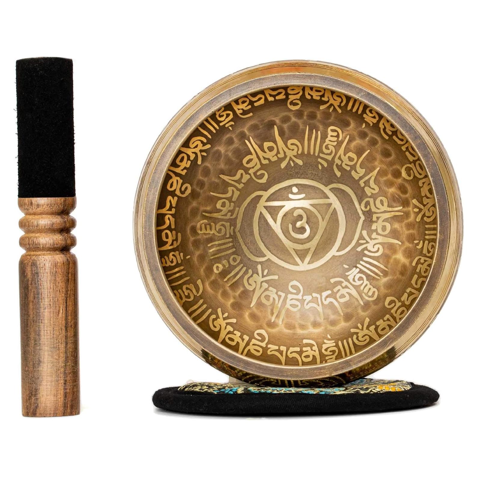 Tibetan Singing Bowl Set 4.2 inch with Holy Buddhist Mantra and Sacred Third Eye Symbol from Nepal~ Antique design suitable for Yoga, Meditation, Sound Healing & Chakra Balancing~ (4.2 Third EYE)