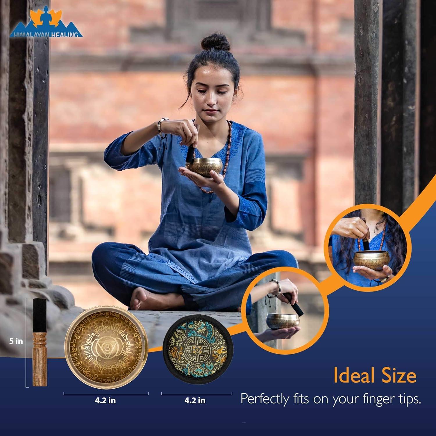 Tibetan Singing Bowl Set 4.2 inch with Holy Buddhist Mantra and Sacred Third Eye Symbol from Nepal~ Antique design suitable for Yoga, Meditation, Sound Healing & Chakra Balancing~ (4.2 Third EYE)