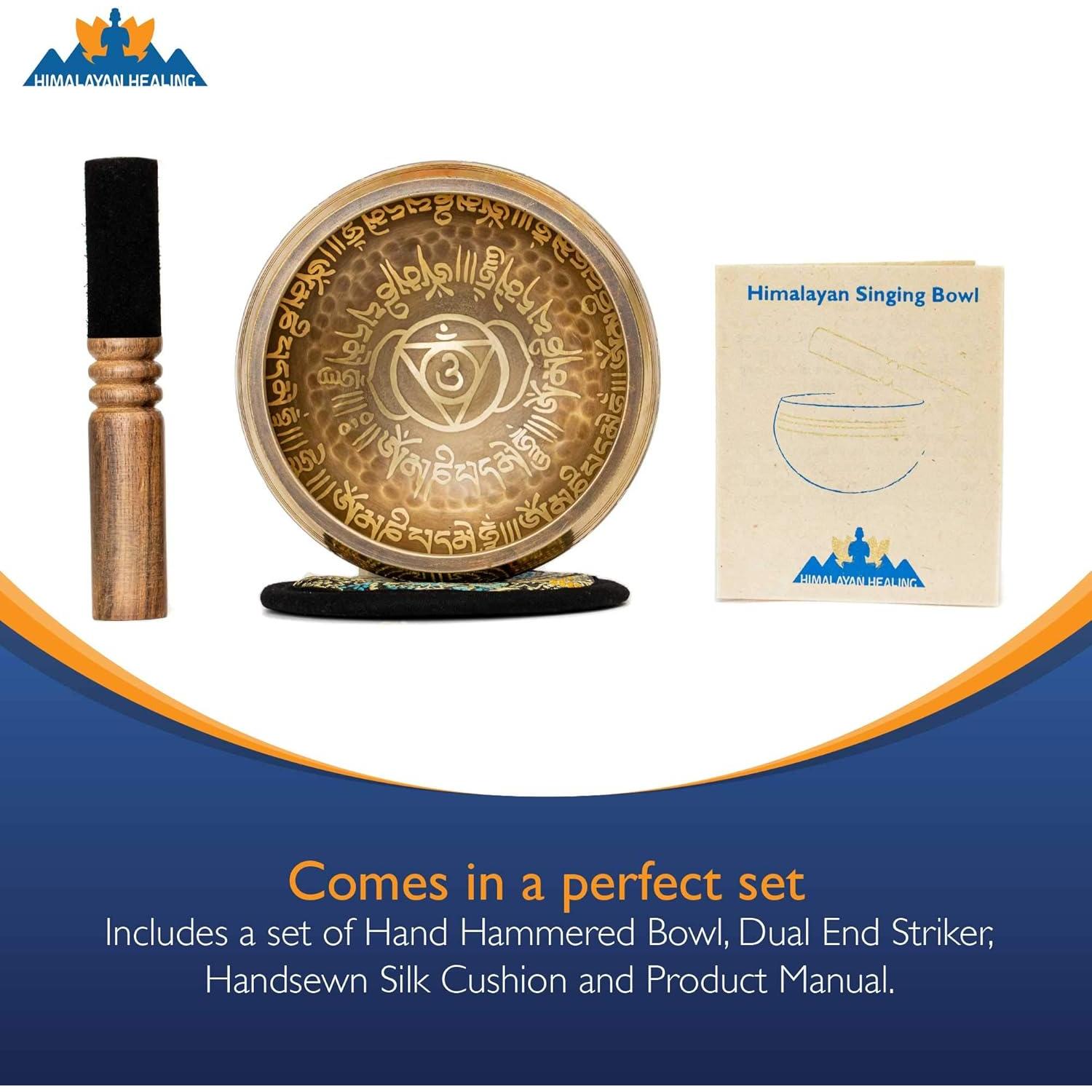 Tibetan Singing Bowl Set 4.2 inch with Holy Buddhist Mantra and Sacred Third Eye Symbol from Nepal~ Antique design suitable for Yoga, Meditation, Sound Healing & Chakra Balancing~ (4.2 Third EYE)