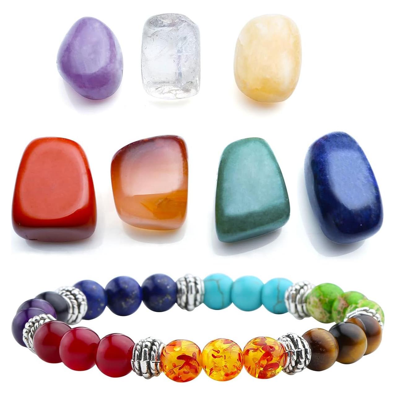 Top Plaza 7 Chakra Reiki Healing Crystals Yoga Balance Irregular Shape Polished Tumbled Palm Stones W/ 7 Chakra Healing Crystal Bracelet (7 Chakra Bracelet Without Charm)