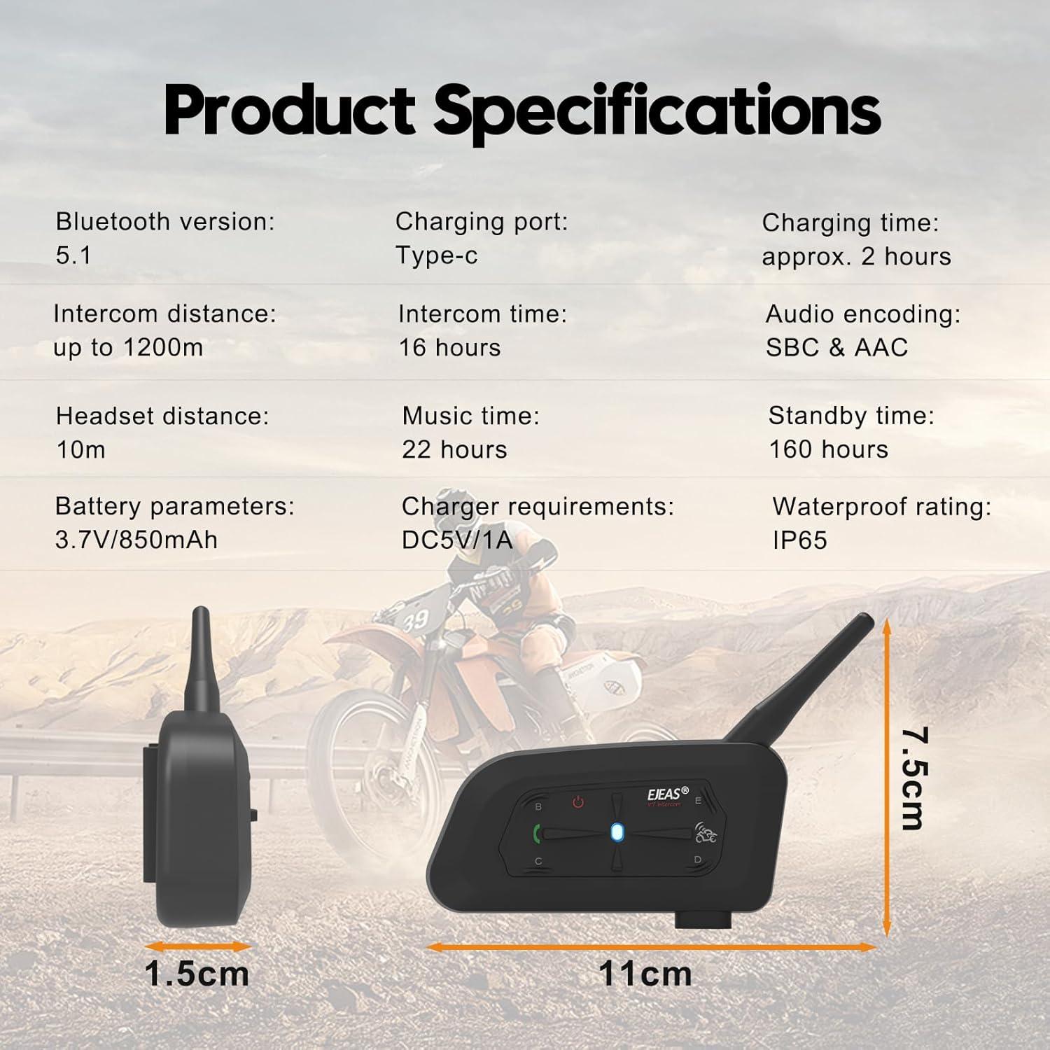 Intercomunicador Bluetooth EJEAS V7 para Motocicleta 1200m