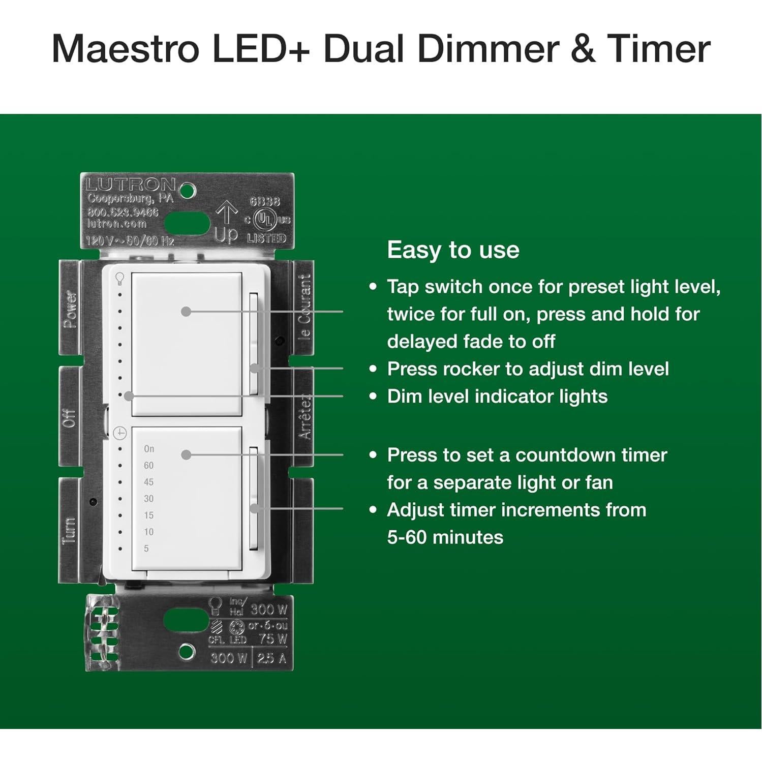 Dimer y Temporizador Lutron Maestro LED+ 75W Blanco