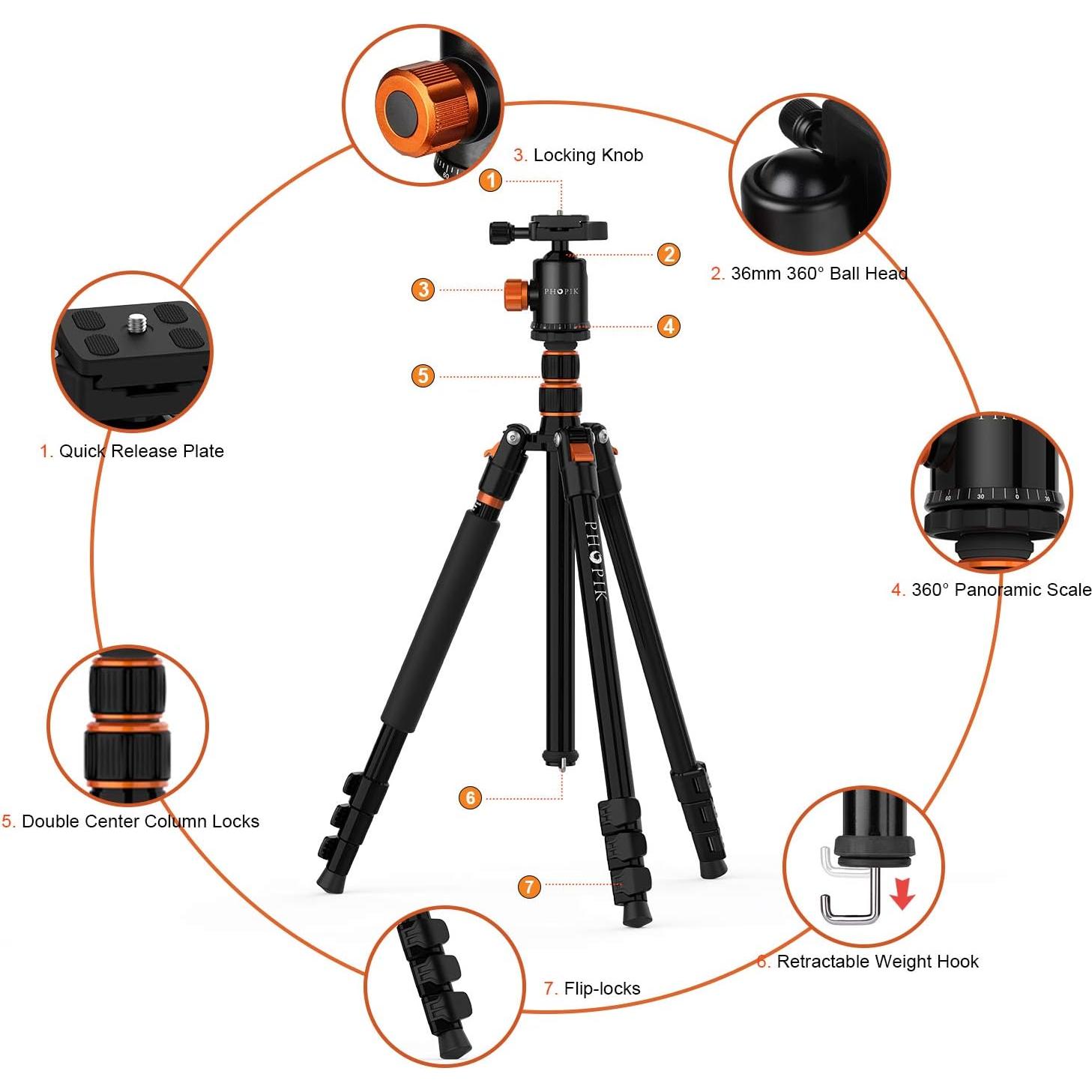 Trípode Profesional PHOPIK PT244 para Cámara DSLR 1.70kg