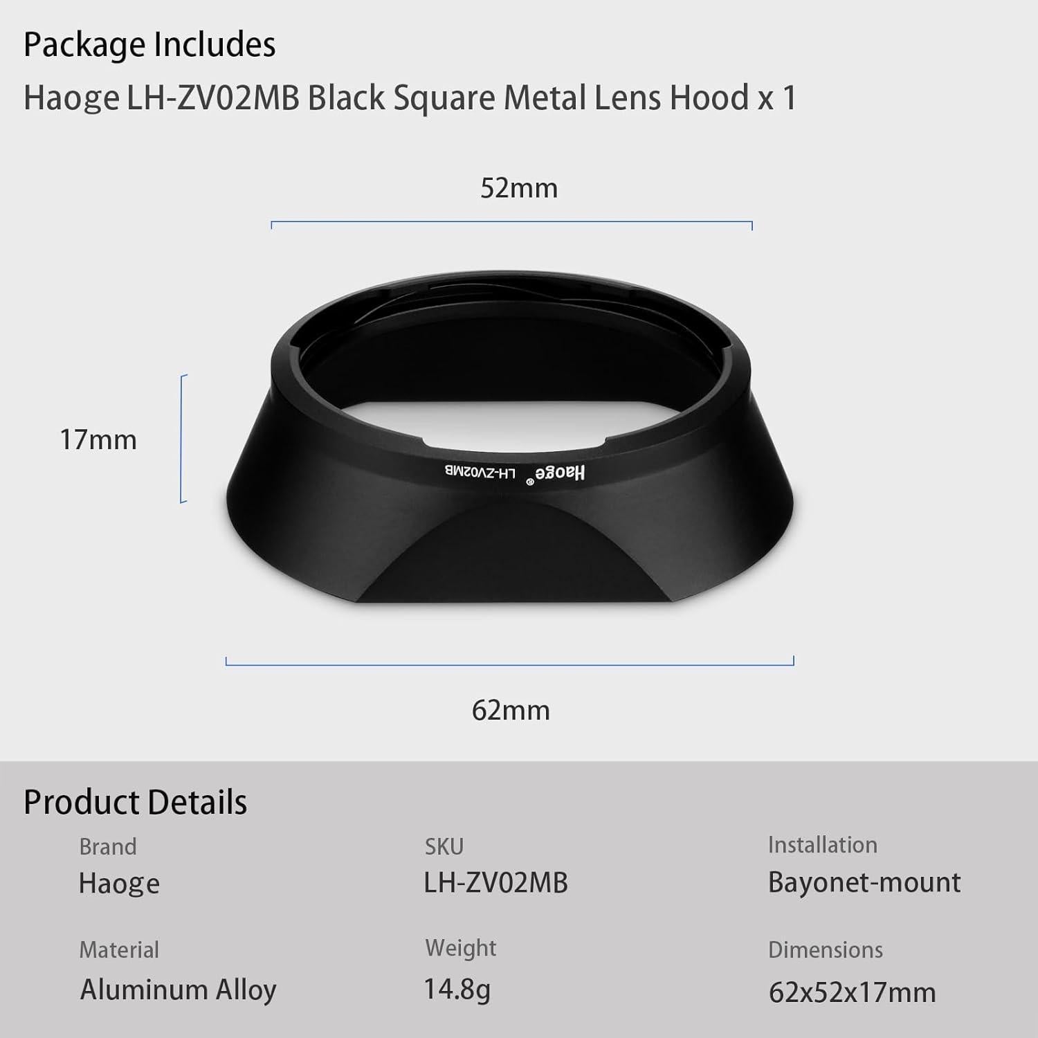 Capucha de Lente Metálica Haoge LH-ZV02MB para Lentes Voigtlander y Zeiss