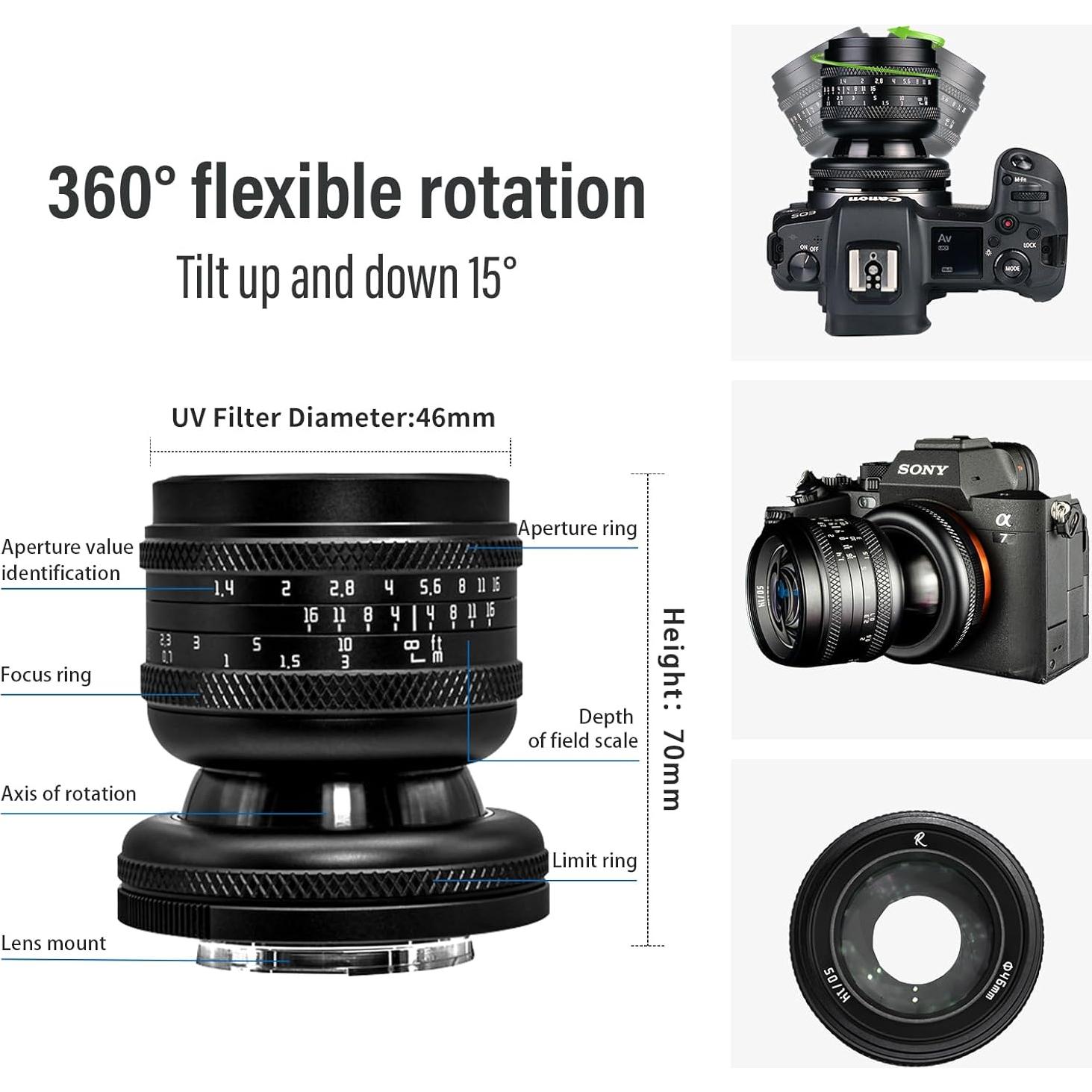 Lente AstrHori 50mm F1.4 Manual Inclinable para M43