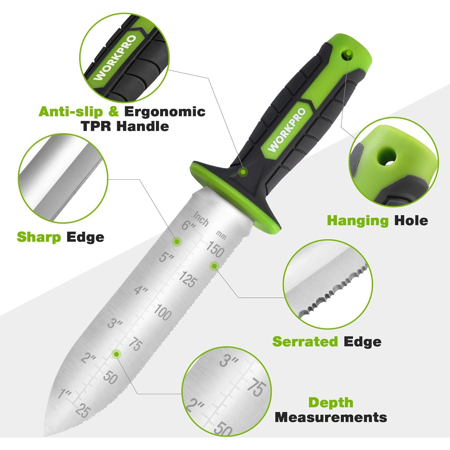 Cuchillo de Jardín Hori Hori WORKPRO 18 cm Acero Inoxidable Verde