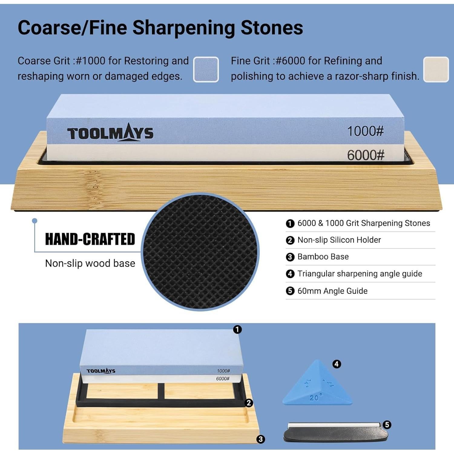 Juego de Piedras de Afilar TOOLMAYS 1000/6000 con Base Antideslizante