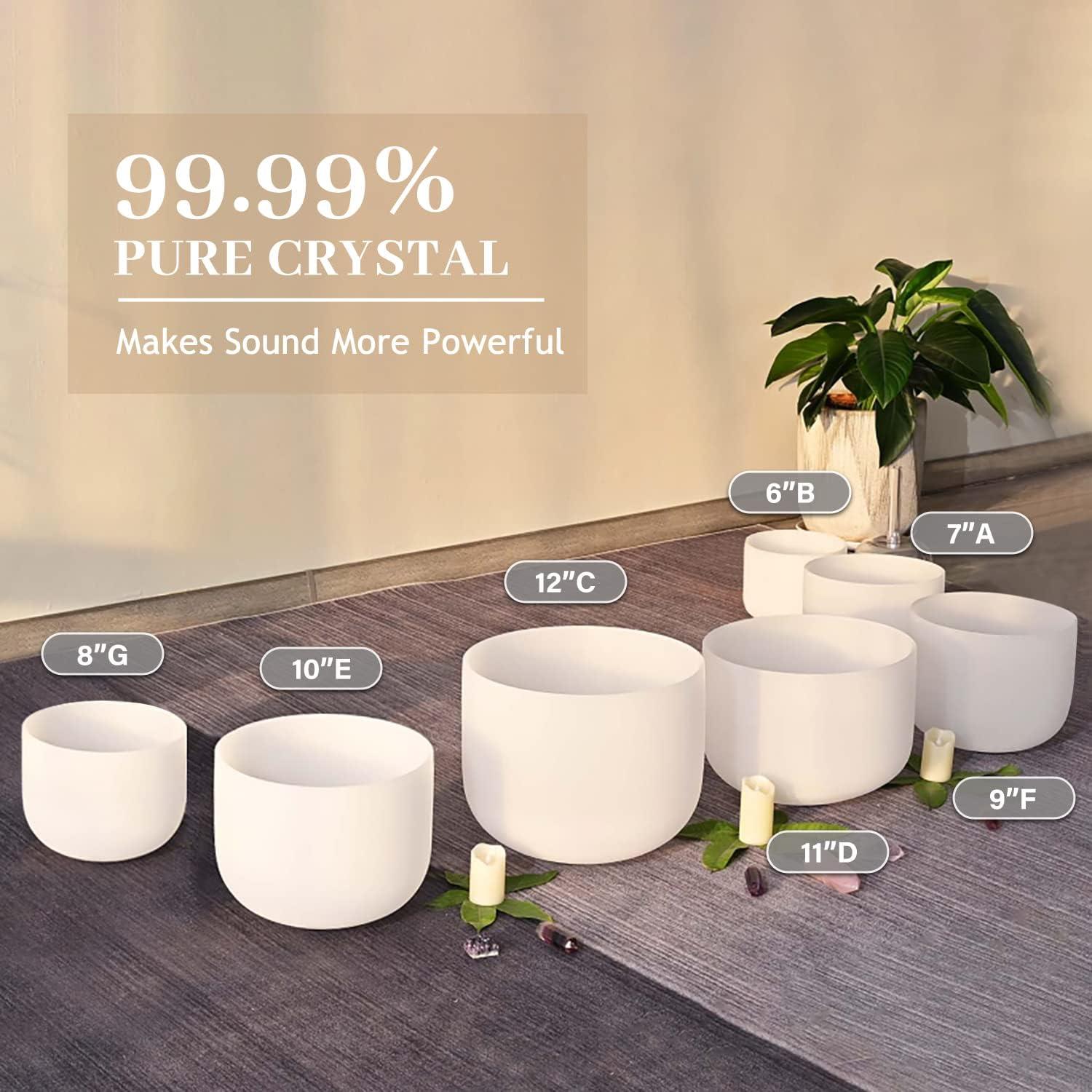 440HZ 6-12 inch Set of 7 Frosted Meditation Chakra Quartz Crystal Singing Bowls for Sound Healing Energy with Carry Case Bag Suede and Striker & O-Ring