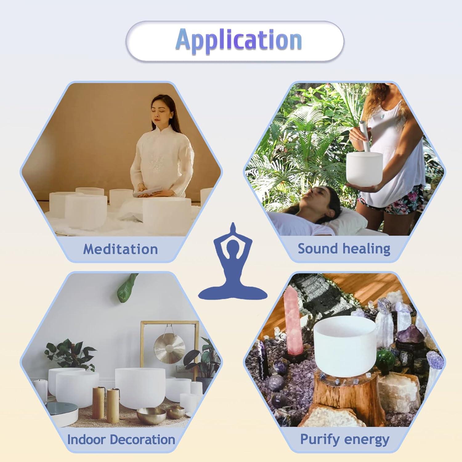 440HZ 6-12 inch Set of 7 Frosted Meditation Chakra Quartz Crystal Singing Bowls for Sound Healing Energy with Carry Case Bag Suede and Striker & O-Ring