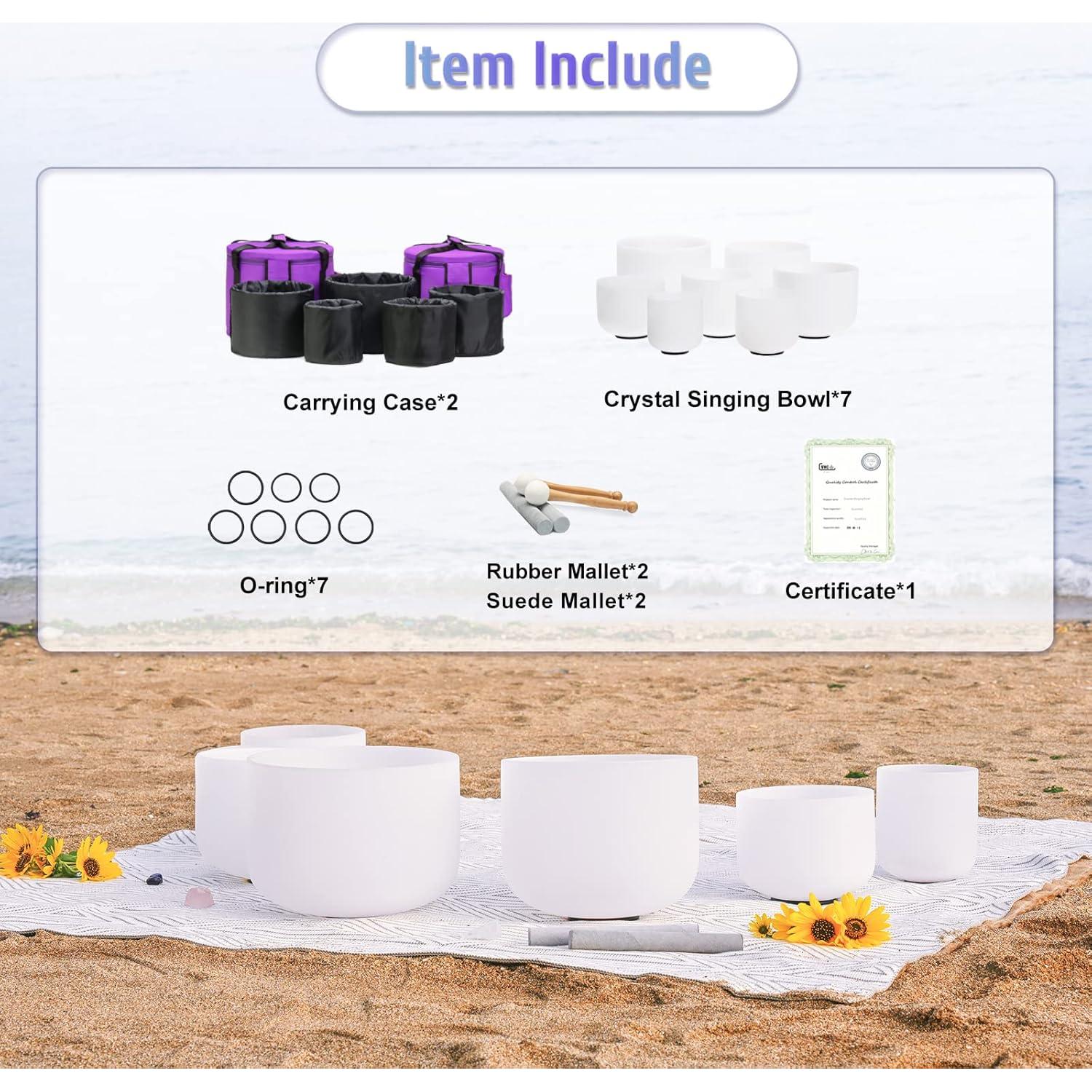 440HZ 6-12 inch Set of 7 Frosted Meditation Chakra Quartz Crystal Singing Bowls for Sound Healing Energy with Carry Case Bag Suede and Striker & O-Ring