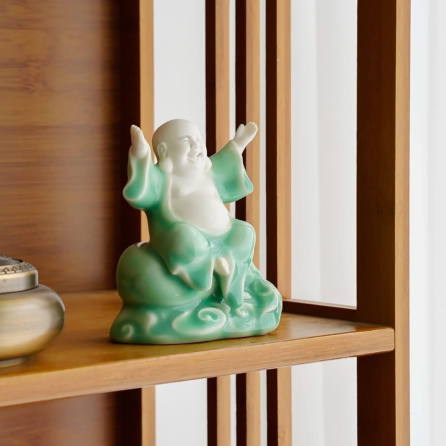 Estatua de Buda Risueño Cerámica Verde 11.3 cm para Buena Suerte