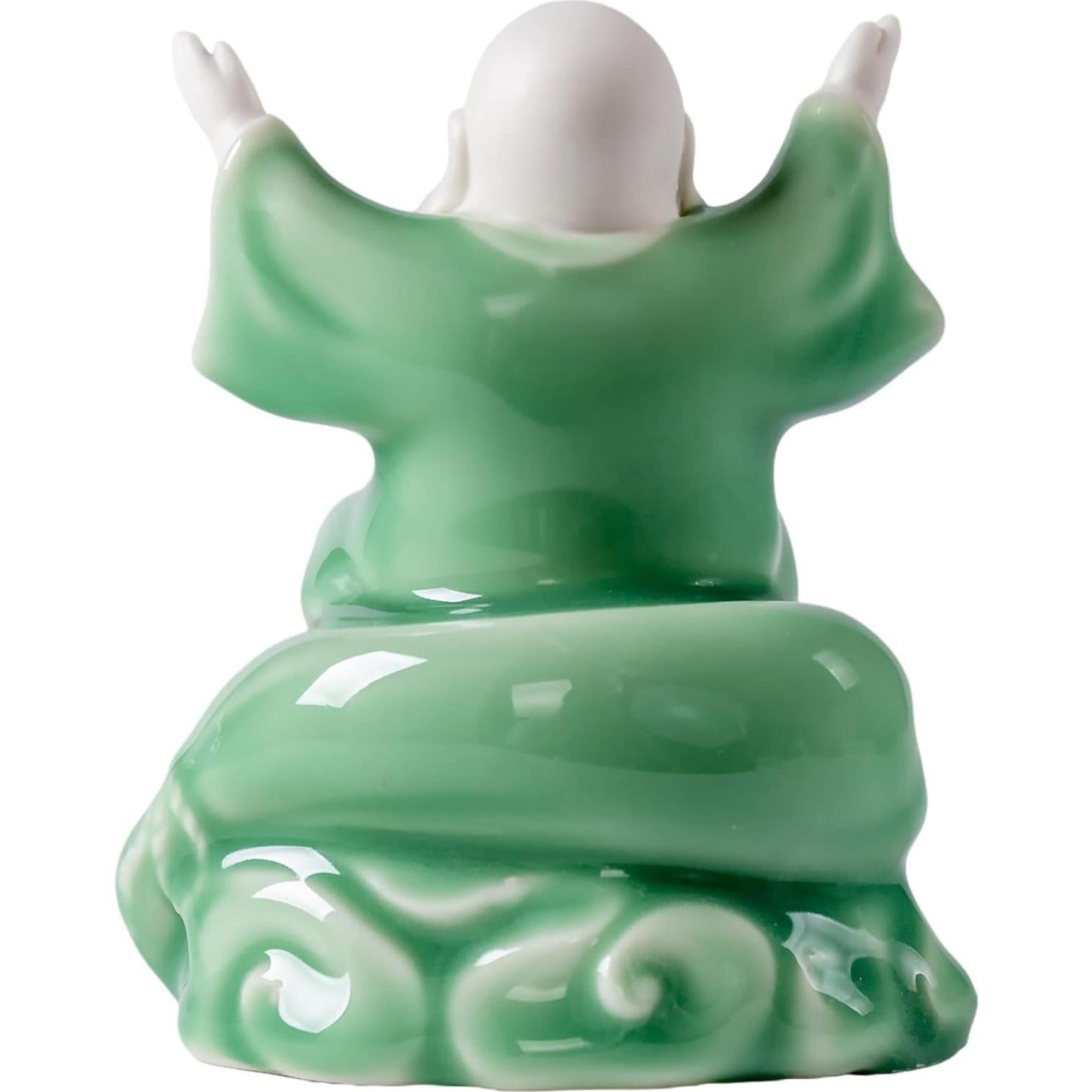 Estatua de Buda Risueño Cerámica Verde 11.3 cm para Buena Suerte