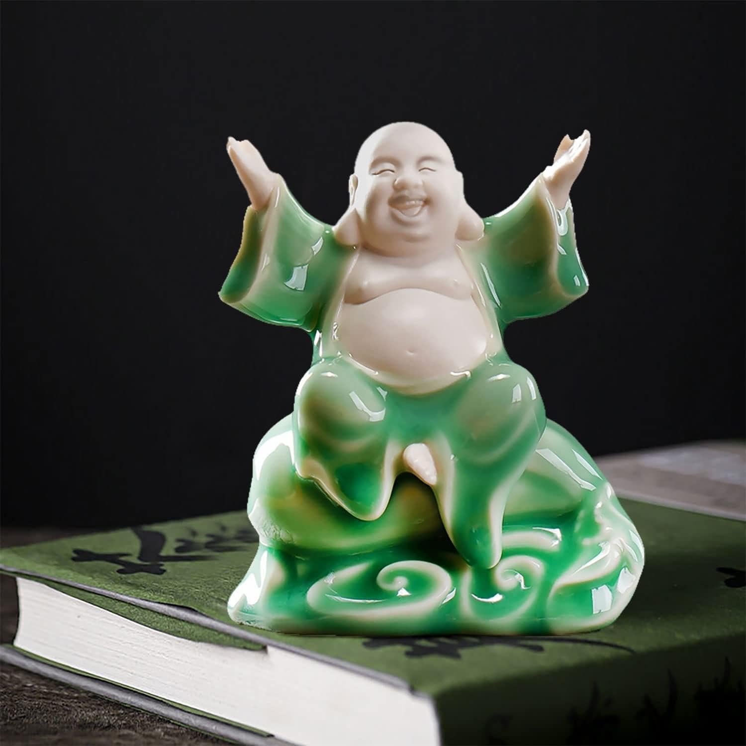 Estatua de Buda Risueño Cerámica Verde 11.3 cm para Buena Suerte