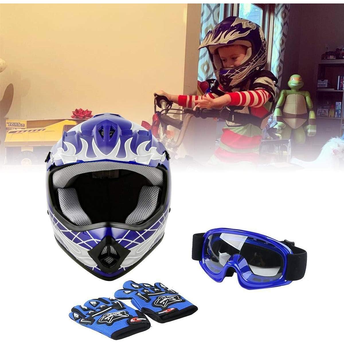 Casco SLMOTO Juvenil Motocross Calavera Azul + Gafas + Guantes