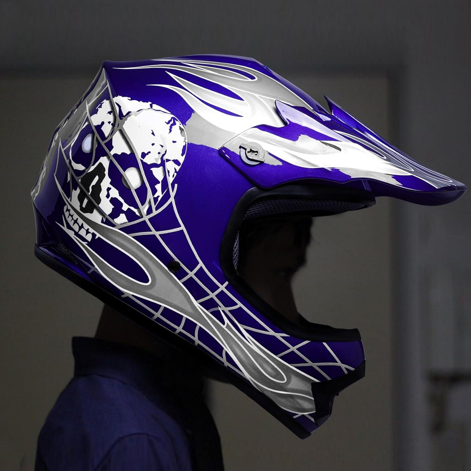 Casco SLMOTO Juvenil Motocross Calavera Azul + Gafas + Guantes