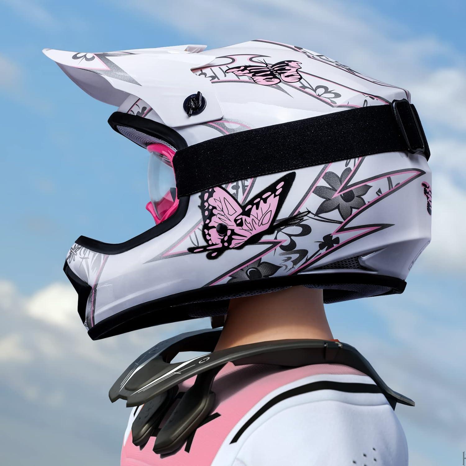 Casco SLMOTO para Niños Mediano Mariposa Rosa + Gafas + Guantes