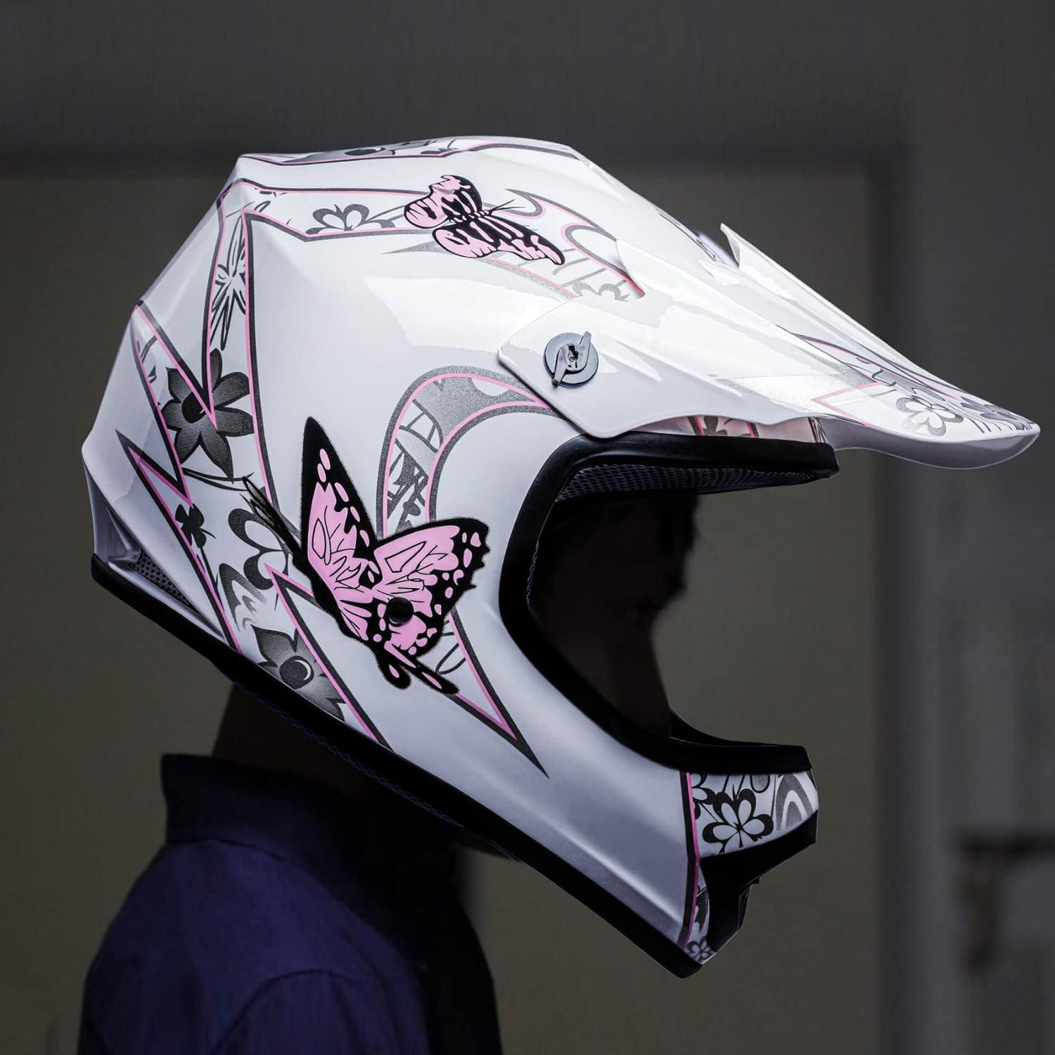 Casco SLMOTO para Niños Mediano Mariposa Rosa + Gafas + Guantes