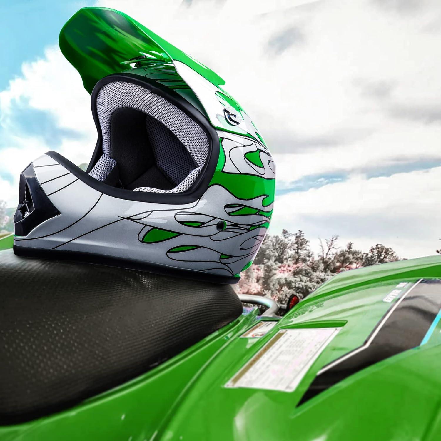 Casco SLMOTO Juvenil X-Grande Llama Verde + Gafas + Guantes