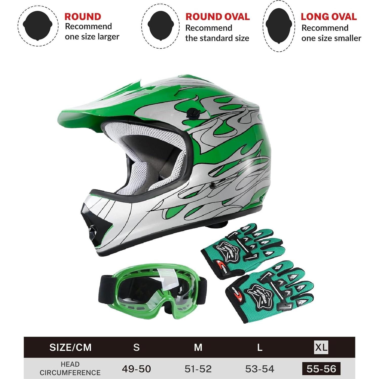 Casco SLMOTO Juvenil X-Grande Llama Verde + Gafas + Guantes